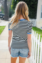Load image into Gallery viewer, Seize The Day Blue Trim Black & Ivory Stripe Knit Top