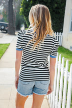 Load image into Gallery viewer, Seize The Day Blue Trim Black & Ivory Stripe Knit Top