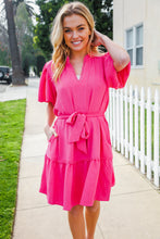 Load image into Gallery viewer, Star Struck Fuchsia Notched Neck Balloon Sleeve Sash Belt Mini Dress