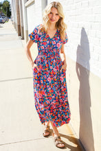 Load image into Gallery viewer, Find Love Blue Floral Raglan Puff Sleeves V Neck Smocked Waist Maxi