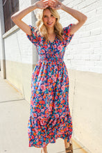 Load image into Gallery viewer, Find Love Blue Floral Raglan Puff Sleeves V Neck Smocked Waist Maxi