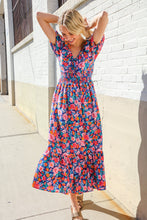 Load image into Gallery viewer, Find Love Blue Floral Raglan Puff Sleeves V Neck Smocked Waist Maxi