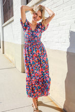 Load image into Gallery viewer, Find Love Blue Floral Raglan Puff Sleeves V Neck Smocked Waist Maxi
