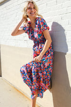 Load image into Gallery viewer, Find Love Blue Floral Raglan Puff Sleeves V Neck Smocked Waist Maxi