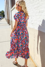Load image into Gallery viewer, Find Love Blue Floral Raglan Puff Sleeves V Neck Smocked Waist Maxi