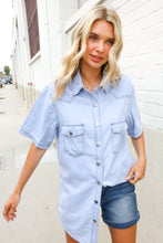 Load image into Gallery viewer, Casual Chic Blue Cotton Denim Snap Button Flap Pocket Top
