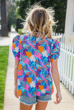 Load image into Gallery viewer, All For You Aqua Tropical Print Frill Notch Neck Puff Sleeve Top