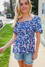Load image into Gallery viewer, Blue & Pink Floral Square Neck Crinkle Smocked Top