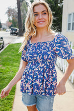 Load image into Gallery viewer, Blue & Pink Floral Square Neck Crinkle Smocked Top