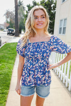 Load image into Gallery viewer, Blue & Pink Floral Square Neck Crinkle Smocked Top