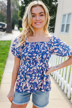 Load image into Gallery viewer, Blue & Pink Floral Square Neck Crinkle Smocked Top