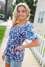 Load image into Gallery viewer, Blue & Pink Floral Square Neck Crinkle Smocked Top