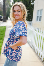 Load image into Gallery viewer, Blue & Pink Floral Square Neck Crinkle Smocked Top