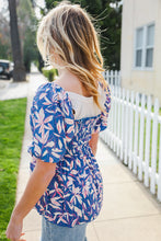 Load image into Gallery viewer, Blue & Pink Floral Square Neck Crinkle Smocked Top