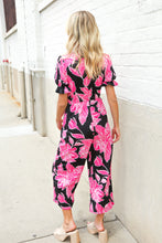 Load image into Gallery viewer, Spring Vibes Black Floral Print Ruffle Sleeve Wide Leg Jumpsuit