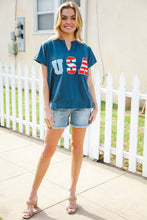 Load image into Gallery viewer, Patriotic Denim Blue French Terry Plaid Star Patch Top