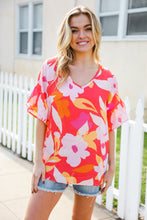Load image into Gallery viewer, Tropical Vibes Peach Floral Dolman Ruffle Frill Sleeve Blouse