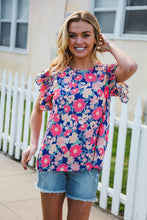 Load image into Gallery viewer, Vacay Ready Blue & Fuchsia Floral Smocked Ruffle Sleeve Top