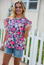 Load image into Gallery viewer, Vacay Ready Blue & Fuchsia Floral Smocked Ruffle Sleeve Top