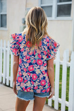 Load image into Gallery viewer, Vacay Ready Blue & Fuchsia Floral Smocked Ruffle Sleeve Top