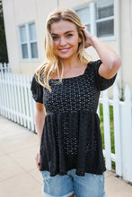 Load image into Gallery viewer, Spring Vibes Midnight Eyelet Puff Sleeve Babydoll Top