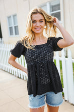Load image into Gallery viewer, Spring Vibes Midnight Eyelet Puff Sleeve Babydoll Top