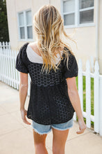 Load image into Gallery viewer, Spring Vibes Midnight Eyelet Puff Sleeve Babydoll Top