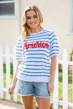 Load image into Gallery viewer, America Proud Blue Striped Embroidered Puff Sleeve Top