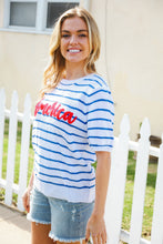 Load image into Gallery viewer, America Proud Blue Striped Embroidered Puff Sleeve Top