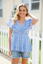 Load image into Gallery viewer, Hello Beautiful Blue Plaid V Neck Ruffle Elastic Babydoll Top
