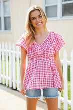 Load image into Gallery viewer, Hello Beautiful Fuchsia Plaid V Neck Ruffle Elastic Babydoll Top