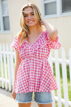 Load image into Gallery viewer, Hello Beautiful Fuchsia Plaid V Neck Ruffle Elastic Babydoll Top