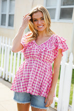Load image into Gallery viewer, Hello Beautiful Fuchsia Plaid V Neck Ruffle Elastic Babydoll Top