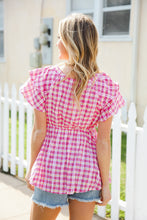 Load image into Gallery viewer, Hello Beautiful Fuchsia Plaid V Neck Ruffle Elastic Babydoll Top