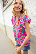 Load image into Gallery viewer, You Got This Fuchsia Abstract Print Notch Frill Neck Blouse