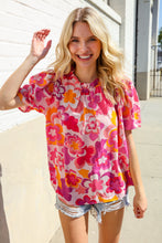 Load image into Gallery viewer, Perfectly You Fuchsia Big Floral Frill Neck Back Button Blouse