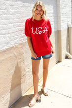 Load image into Gallery viewer, Patriotic USA Red Knit Embroidery Puff Sleeve Sweater Top