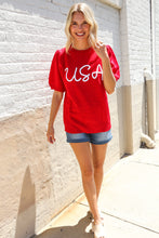 Load image into Gallery viewer, Patriotic USA Red Knit Embroidery Puff Sleeve Sweater Top