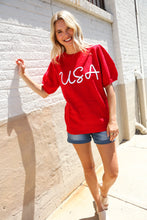 Load image into Gallery viewer, Patriotic USA Red Knit Embroidery Puff Sleeve Sweater Top