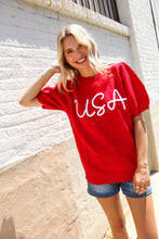 Load image into Gallery viewer, Patriotic USA Red Knit Embroidery Puff Sleeve Sweater Top