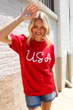 Load image into Gallery viewer, Patriotic USA Red Knit Embroidery Puff Sleeve Sweater Top