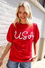 Load image into Gallery viewer, Patriotic USA Red Knit Embroidery Puff Sleeve Sweater Top