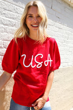 Load image into Gallery viewer, Patriotic USA Red Knit Embroidery Puff Sleeve Sweater Top