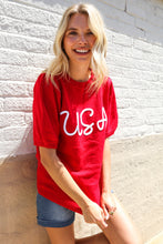 Load image into Gallery viewer, Patriotic USA Red Knit Embroidery Puff Sleeve Sweater Top