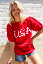 Load image into Gallery viewer, Patriotic USA Red Knit Embroidery Puff Sleeve Sweater Top