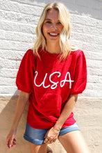 Load image into Gallery viewer, Patriotic USA Red Knit Embroidery Puff Sleeve Sweater Top