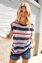 Load image into Gallery viewer, Feeling Festive Red White & Blue Striped Crochet Sweater Top
