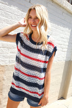 Load image into Gallery viewer, Feeling Festive Red White & Blue Striped Crochet Sweater Top