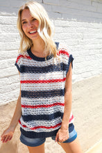 Load image into Gallery viewer, Feeling Festive Red White & Blue Striped Crochet Sweater Top