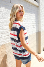 Load image into Gallery viewer, Feeling Festive Red White & Blue Striped Crochet Sweater Top